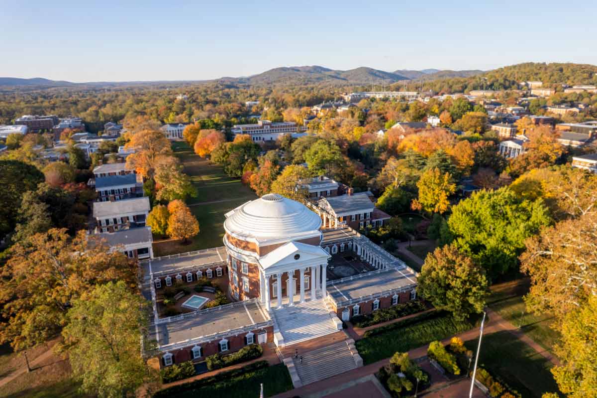 An aerial view of the Rotunda in the fall
